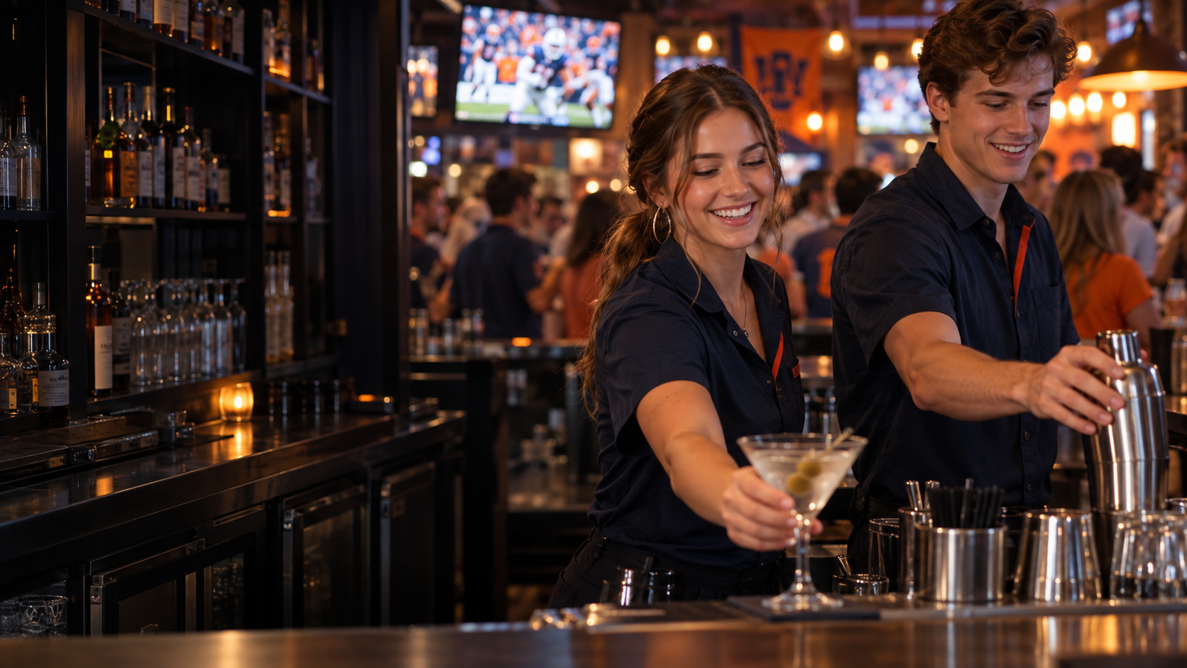 Illustrative college-age adult bartenders working together in an Auburn-style bar